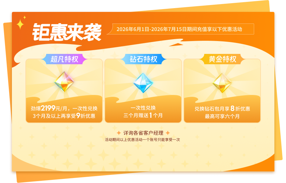 近期网吧特权续费优惠活动：（截止到26.6.9号发布）